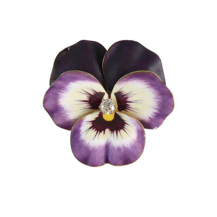 Antique diamond, gold and purple and white enamel pansy brooch